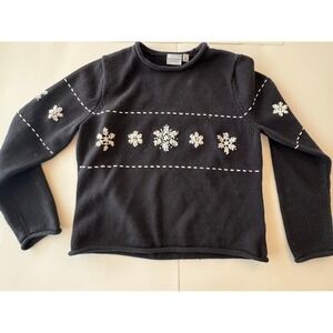 Vintage Sonoma Rolled Neck Snowflake Sweater Womens L Black Embroidered Winter